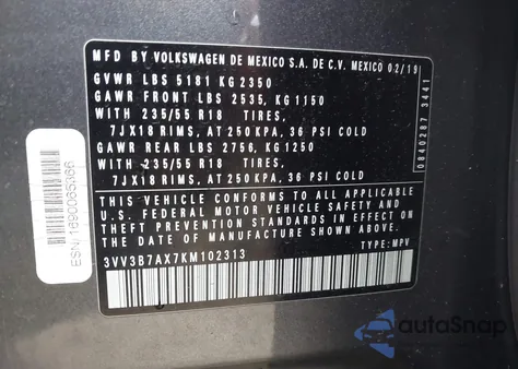 2019 Volkswagen Tiguan 2.0T Se/2.0T Sel/2.0T Sel R-Line/2.0T Sel R-Line Black from USA, damaged, VIN 3VV3B7AX7KM102313